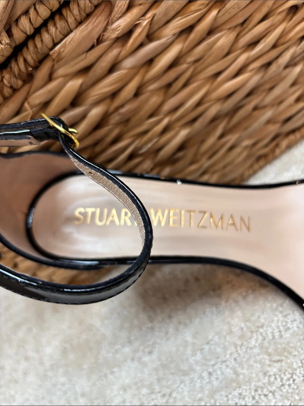 Stuart Weitzman Black Patent Ankle-Strap Heels Size 7.5 EUC